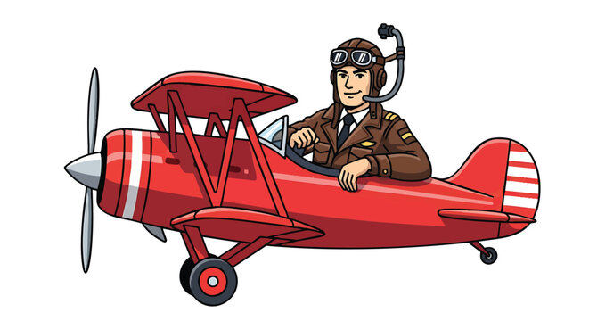Vintage Biplane Pilot Cartoon Illustration.