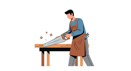 Fototapeta premium Man working with wood on a workbench, creating sawdust, wearing an apron.