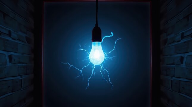 Glowing electric light bulb with blue lightning sparks in a dark room