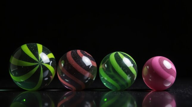 Four colorful glass marbles with swirl patterns on a black background