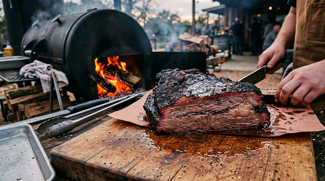 Juicy Smoked Wagyu Brisket Fresh Off the Grill with Fiery Embers in the Background