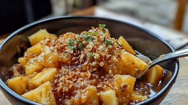 Pineapple chunks with nut topping, drizzled with sauce, in black bowl