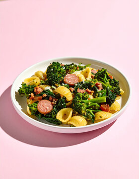 Plated orecchiette pasta with glossy broccoli rabe and sausage on dusty pink surface