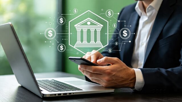 Businessman using smartphone for mobile banking and fintech services, digital finance concept, online investment management, secure transaction icons
