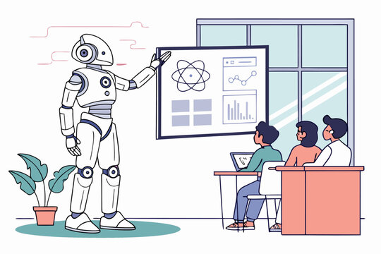 Robot teacher transforming the classroom with future artificial intelligence education.