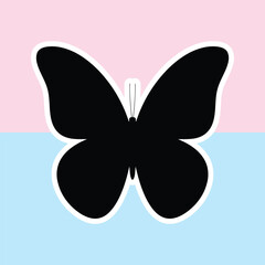 Naklejka premium Black Butterfly Silhouette Sticker with White Outline on Pastel Pink and Blue Background, Minimalist Insect Vector Graphic for Crafting and Design