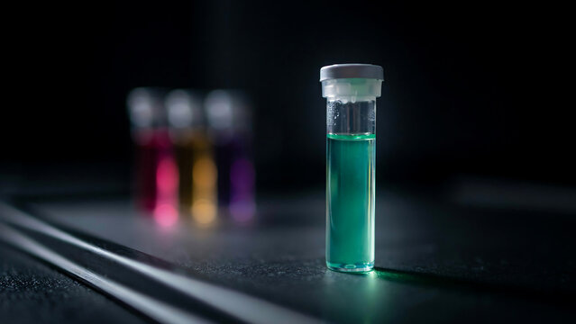 Test tube with green liquid and three colorful tubes in background on dark surface in laboratory setting for science and research purposes with medical equipment  science