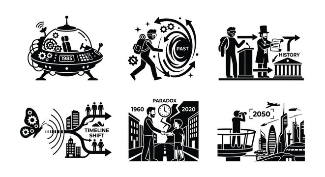 Time Travel Concepts Black Vector Illustrations On White Background