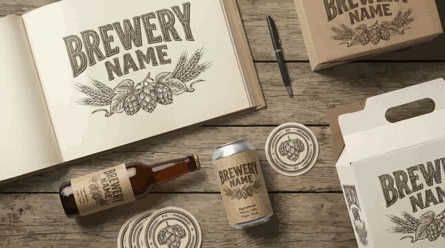 Craft beer brewery branding mockup set including bottle can coasters and sketchbook on vintage wooden tabletop background