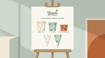 Fototapeta premium Vector illustration of gelato branding and packaging design presentation on easel