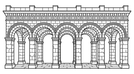 Romanesque Archway Facade with Columns and Arches, Stone Architecture Illustration © ades