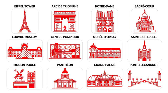 Paris Landmarks Collection: Iconic Buildings and Monuments in Red Outline Style