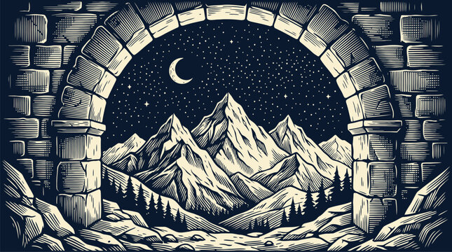 Night mountain landscape with moon in stone arch vector illustration.