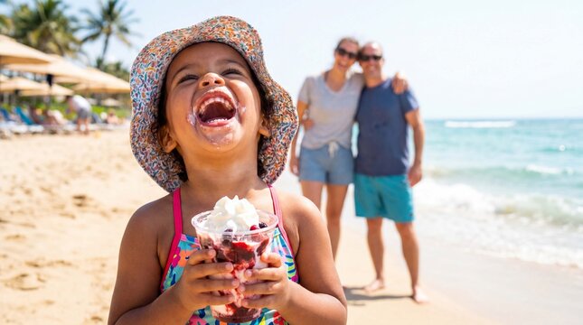 Happy toddler celebrates Ice Cream Month with berry sundae on beach during summer family vacation for lifestyle marketing photography