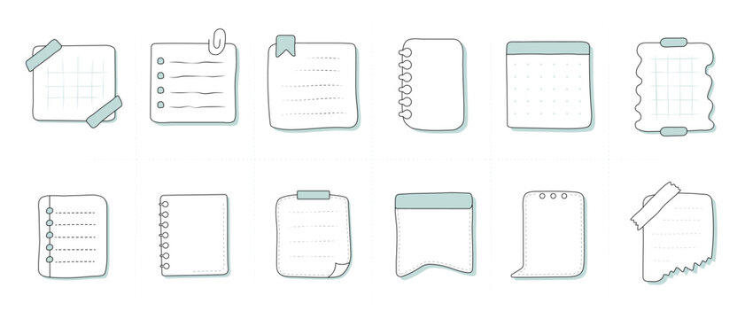 Handdrawn cute sticky note set. Vector elements in pastel green for office reminder, school planner stickers and cute stationery