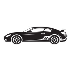 Obraz premium Black sports car, vector car illustration, side view, racing stripes, sleek design isolated on White Background