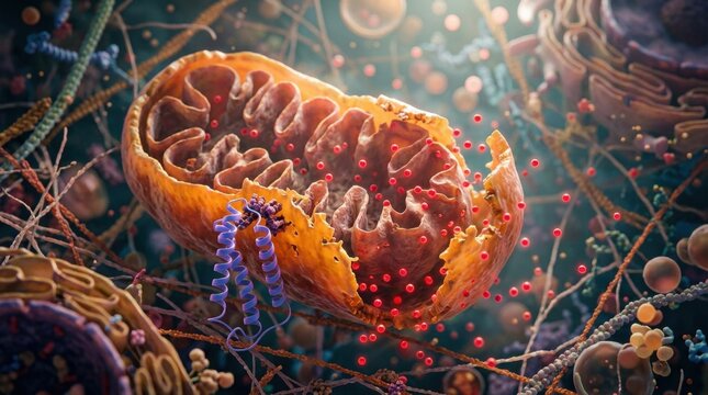 3D cell biology illustration with swollen mitochondria inside a cytoplasm, an Endophilin B1 protein ribbon near the outer membrane, cytochrome c particles drifting outward, and fragmented membrane