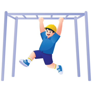 Aktivitas Permainan Anak. Illustration of an energetic boy wearing a yellow hat while hanging and climbing across playground monkey bars.