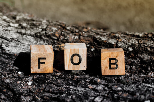 Wooden cubes spelling FOB on textured tree bark represent international shipping terms, global trade, freight logistics, and export business in a natural outdoor setting with rustic appeal.