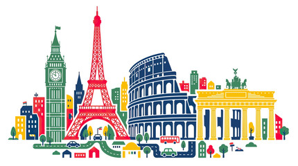 Colorful European City Skyline with Famous Landmarks - Travel and Tourism Concept © afam