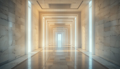 Fototapeta premium Modern luxurious marble hallway with bright lights and reflective floor leading to distant exit