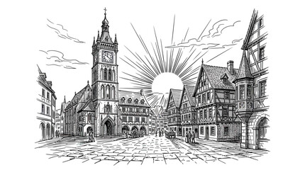 Historic European Town Square Sketch with Sunburst and Medieval Buildings © afam