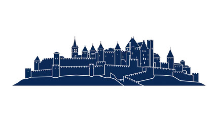 Medieval Castle Silhouette, Historic Fortress Skyline, Blue Outline on White Background © afam
