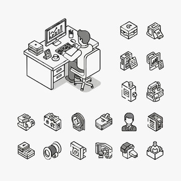 Corporate Isometric Showing Office Worker with Various Business Icons and Symbols in Monochrome