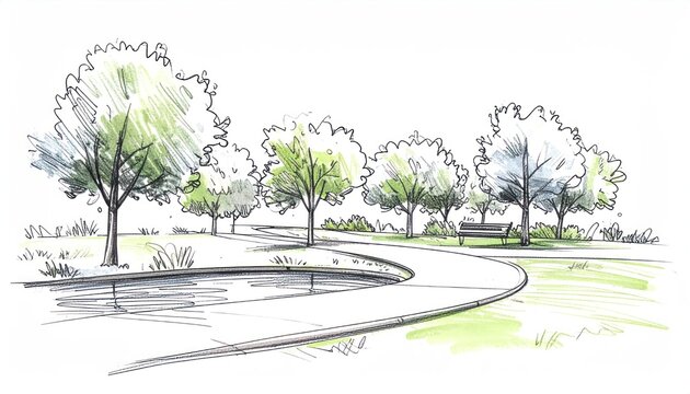 Pencil sketch of park path leading around serene pond.