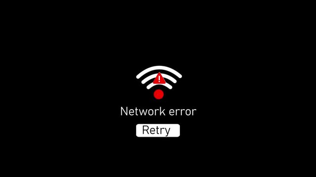 Network error connection failed with retry button animation on black background, wifi signal internet outage