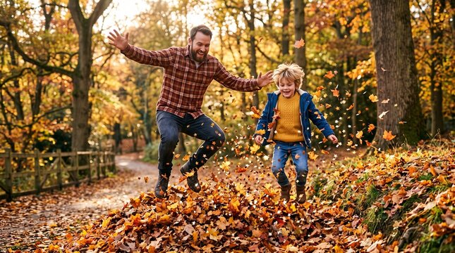 Father and son jumping in autumn leaves in a forest
