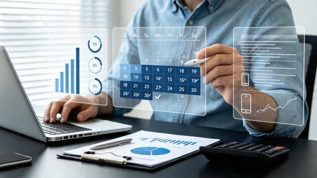 Businessman planning schedule with holographic interface, calendar and charts on desk, modern office work concept, digital transformation, data analysis, strategic management