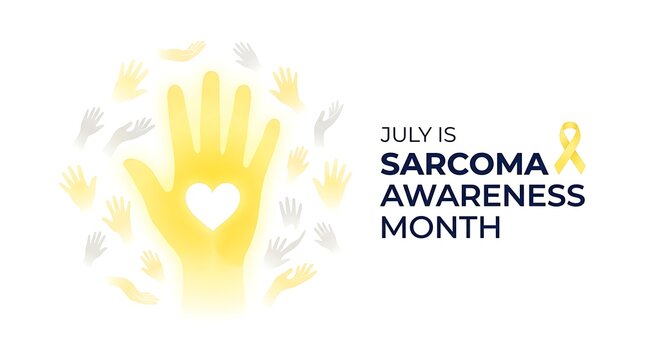 July is sarcoma awareness month design featuring hand and heart graphics