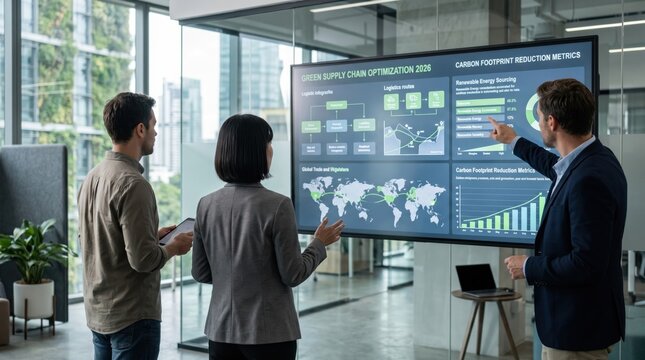 Business team analyzing green supply chain optimization and carbon footprint reduction metrics on large screen display in modern office