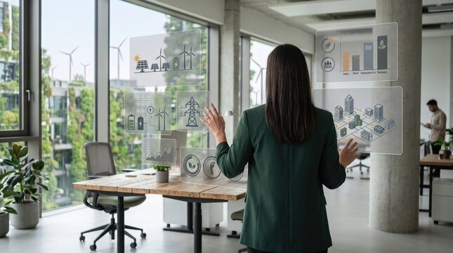 Woman interacting with holographic energy grid and city maps, smart power management system, renewable resource distribution, sustainable infrastructure planning