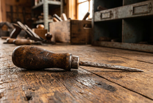 Vintage ice pick tool resting on wooden workbench in workshop  