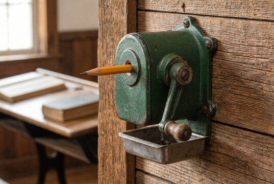 Vintage pencil sharpener mounted on wooden wall in classroom setting  