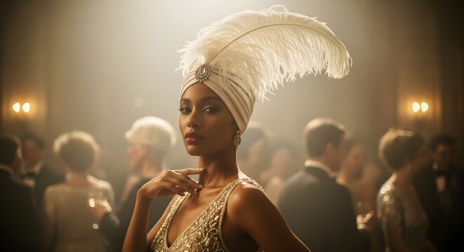 Elegant woman in 1920s flapper style attire with a feather headpiece at a vintage party