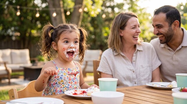 A Hispanic girl shows delighted surprise while eating a strawberry sundae at a summer backyard gathering celebrating Ice Cream Month with loved ones