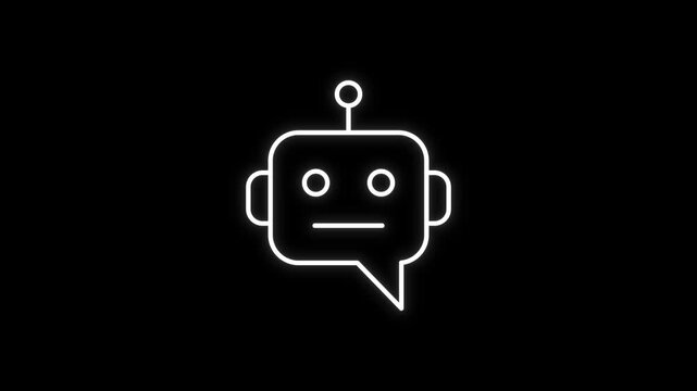 White line artificial intelligence robot chat bot icon animation on black background