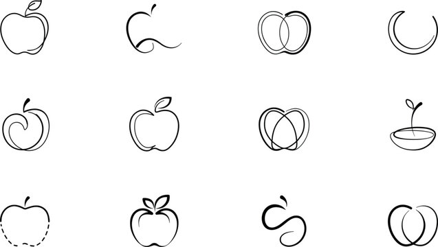 PrintMinimalist Apple Fruit Logo Icon Set with Abstract Fluid Brush Strokes and Elegant Continuous Line Art Designs for Modern Corporate Branding