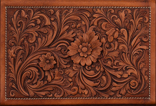 Brown leather displays intricate floral carving