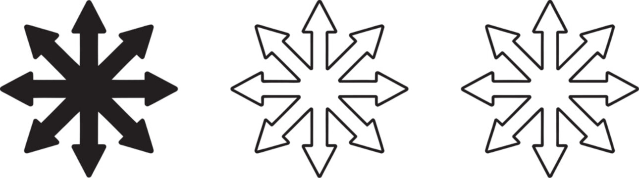Chaos star or arrows pointing in six directions icon set, multidirectional arrow symbols, abstract navigation icons, geometric design collection, and versatile vector graphics.