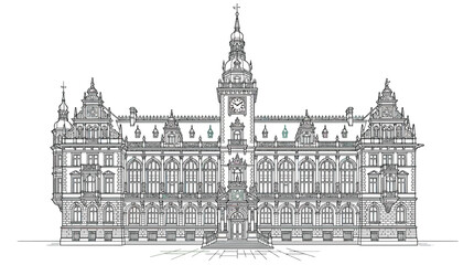 Obraz premium Grand historic building, intricate architectural drawing, facade with clock tower and many windows