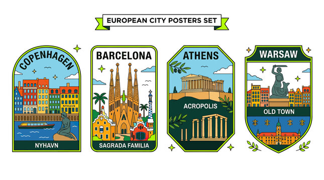 European City Travel Posters: Copenhagen, Barcelona, Athens, Warsaw Collection