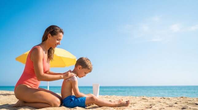 Caring mother applying sunscreen on son at beach with copy space
