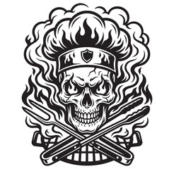 Obraz premium Black and white illustration of skull with crossed knives and flames Graphic Resources
