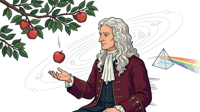 Sir Isaac Newton Vector Illustration Discovering Gravity with Falling Apple featuring Solar System Orbits and Light Prism Spectrum Physics Concepts