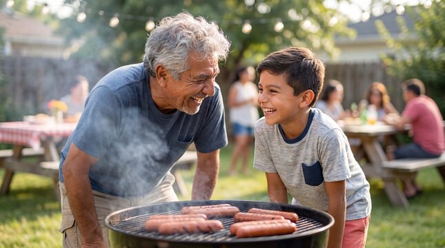 Grandfather and grandson grill hot dogs together celebrating National Grilling Month for summer family bonding advertising promotional content