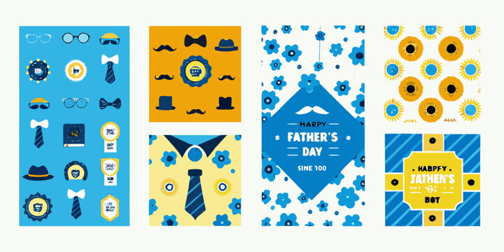 father s day icons set in flat design style fathers glasses hat bow tie mustache badge